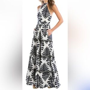 Allison New York Miley Halter Dress in Black Palm Tiered Maxi Tropical Print